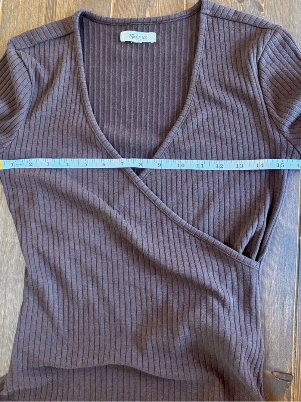 Madewell Ribbed Faux Wrap Top Chocolate Brown Long Sleeve Stretch Knit, Small - Picture 6 of 7